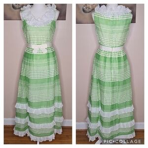 Miss Elliette Vintage Green White Frilly Ruffle Polka Dot Maxi Dress